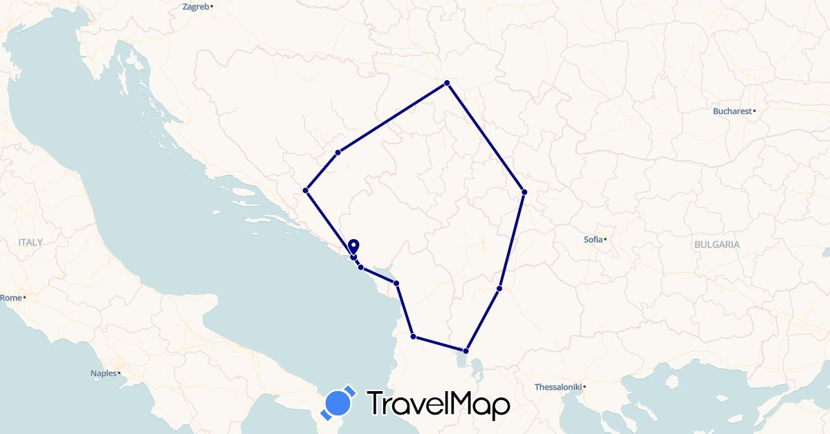 TravelMap itinerary: driving in Albania, Bosnia and Herzegovina, Montenegro, Macedonia, Serbia (Europe)